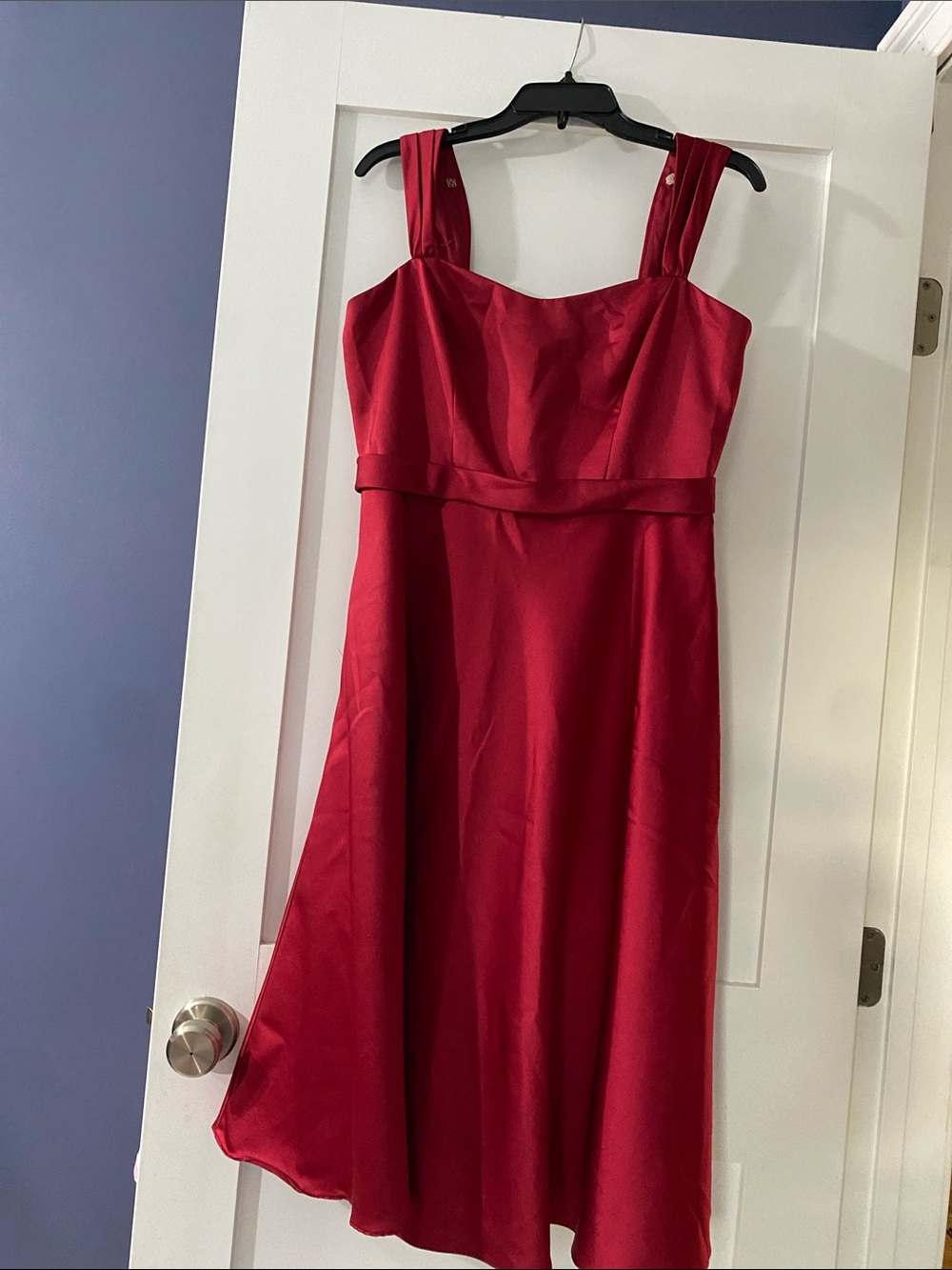 David's Bridal Red Satin Midi Dress with Wide Straps